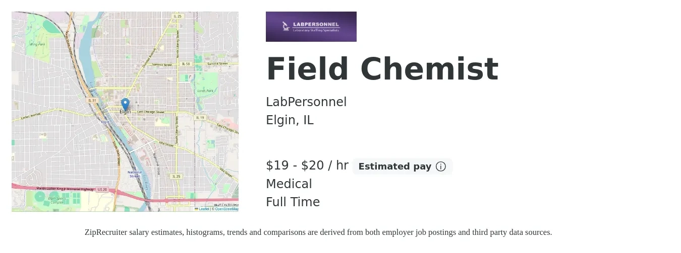 LabPersonnel job posting for a Field Chemist in Elgin, IL with a salary of $20 to $21 Hourly and benefits including medical, and pto with a map of Elgin location.
