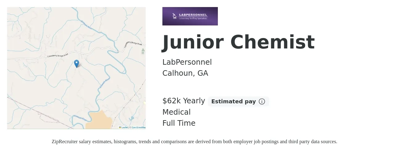 LabPersonnel job posting for a Junior Chemist in Calhoun, GA with a salary of $62,000 Yearly and benefits including medical, and pto with a map of Calhoun location.