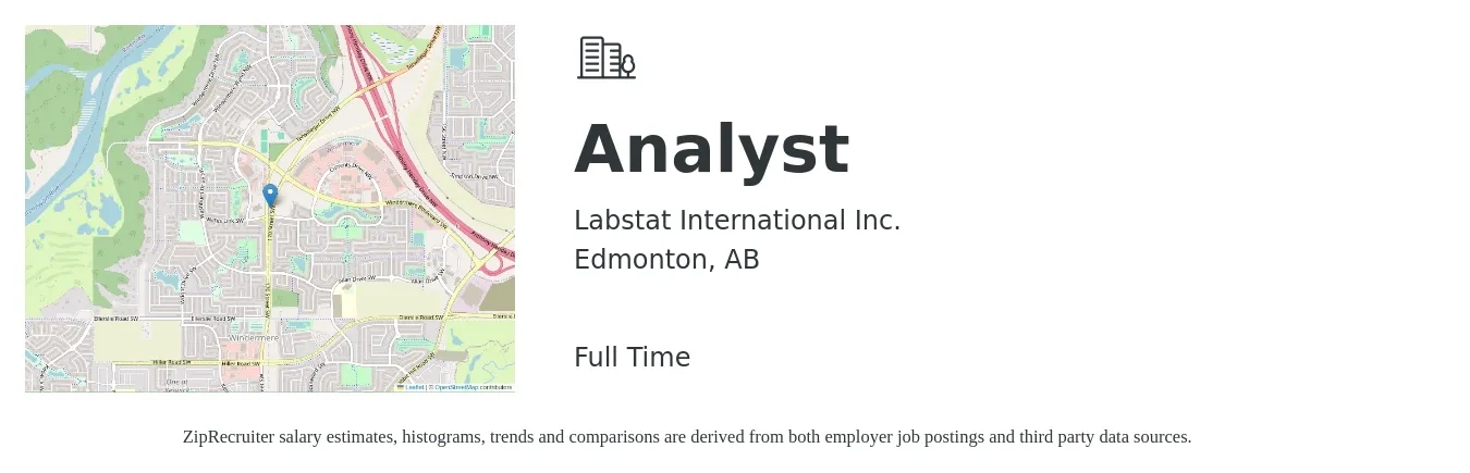 Labstat International Inc. job posting for a Analyst in Edmonton, AB with a map of Edmonton location.