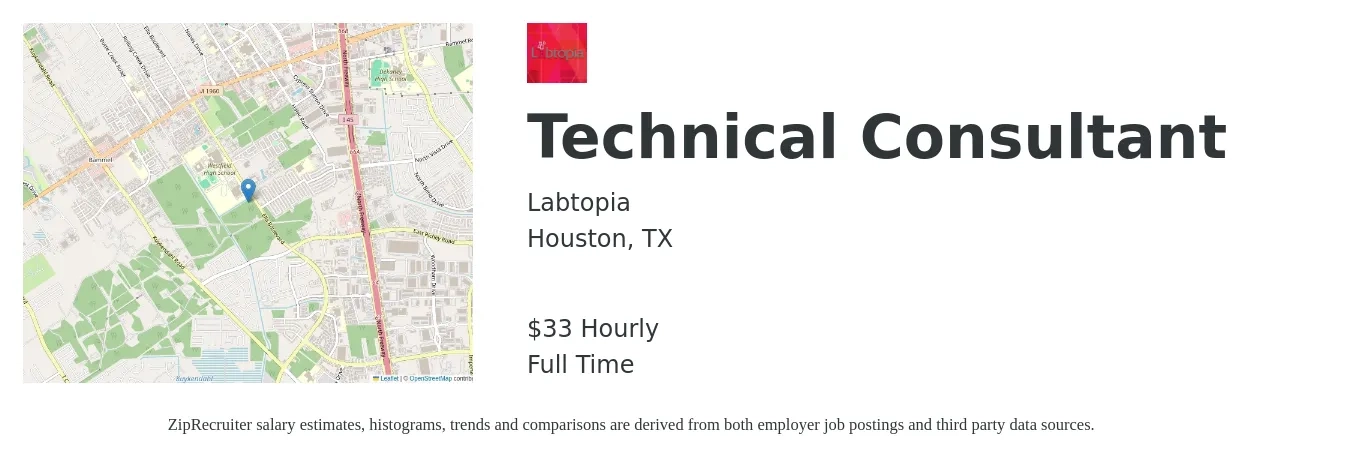 Labtopia job posting for a Technical Consultant in Houston, TX with a salary of $35 Hourly with a map of Houston location.