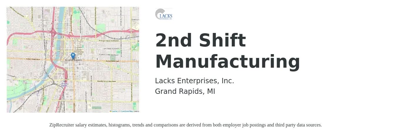 Lacks Enterprises, Inc. job posting for a 2nd Shift Manufacturing in Grand Rapids, MI with a salary of $14 to $18 Hourly with a map of Grand Rapids location.
