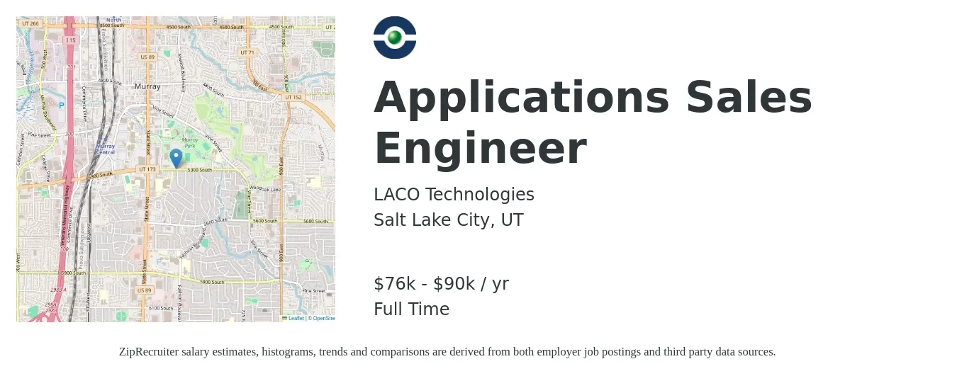 Laco Technologies, Inc. job posting for a Applications Sales Engineer in Salt Lake City, UT with a salary of $76,000 to $90,000 Yearly with a map of Salt Lake City location.