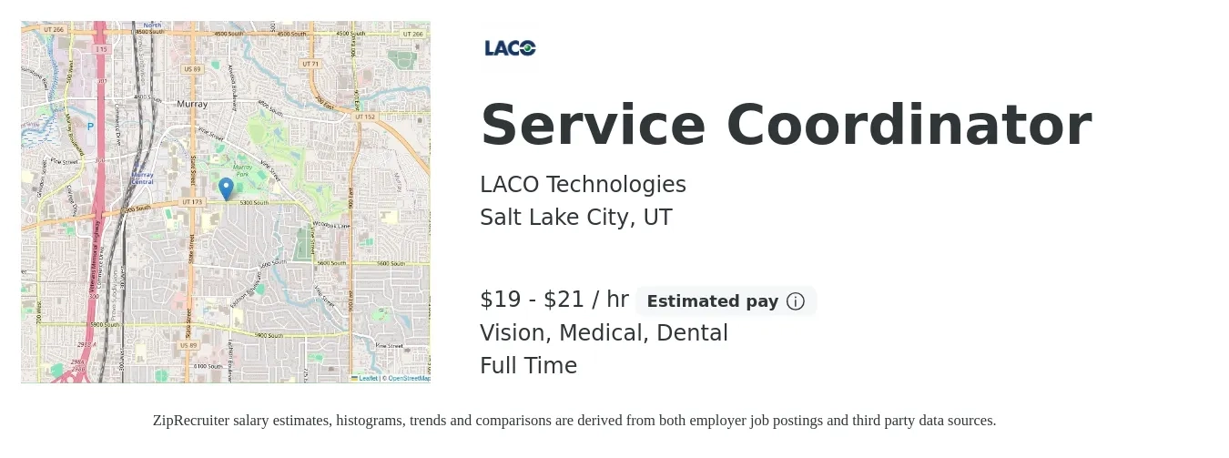 LACO Technologies job posting for a Service Coordinator in Salt Lake City, UT with a salary of $20 to $22 Hourly and benefits including retirement, vision, dental, life_insurance, medical, and pto with a map of Salt Lake City location.