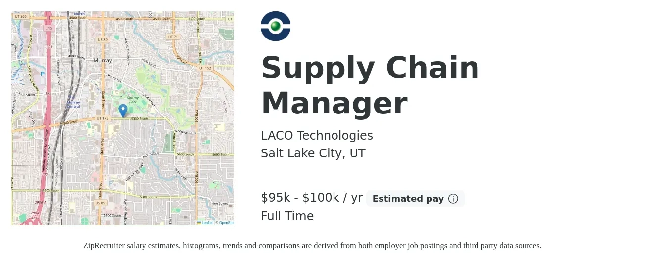 LACO Technologies job posting for a Supply Chain Manager in Salt Lake City, UT with a salary of $95,000 to $100,000 Yearly and benefits including dental, life_insurance, medical, retirement, and vision with a map of Salt Lake City location.
