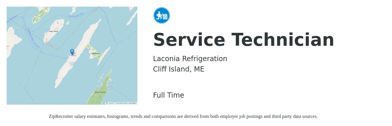 Laconia Refrigeration job posting for a Service Technician in Cliff Island, ME with a salary of $20 to $28 Hourly with a map of Cliff Island location.