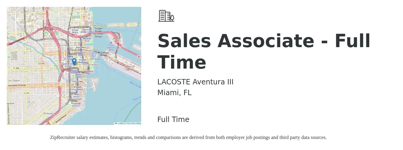 LACOSTE Aventura III job posting for a Sales Associate - Full Time in Miami, FL with a salary of $14 to $18 Hourly with a map of Miami location.