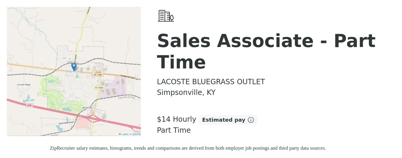 LACOSTE BLUEGRASS OUTLET job posting for a Sales Associate - Part Time in Simpsonville, KY with a salary of $15 Hourly with a map of Simpsonville location.