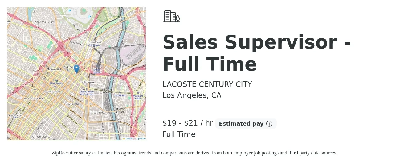 LACOSTE CENTURY CITY job posting for a Sales Supervisor - Full Time in Los Angeles, CA with a salary of $20 to $22 Hourly with a map of Los Angeles location.