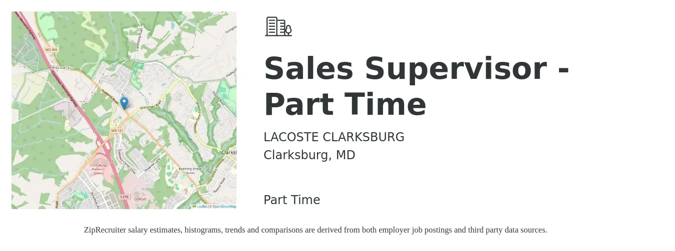 LACOSTE CLARKSBURG job posting for a Sales Supervisor - Part Time in Clarksburg, MD with a salary of $46,400 to $99,500 Yearly with a map of Clarksburg location.