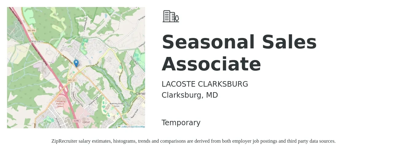 LACOSTE CLARKSBURG job posting for a Seasonal Sales Associate in Clarksburg, MD with a salary of $14 to $16 Hourly with a map of Clarksburg location.