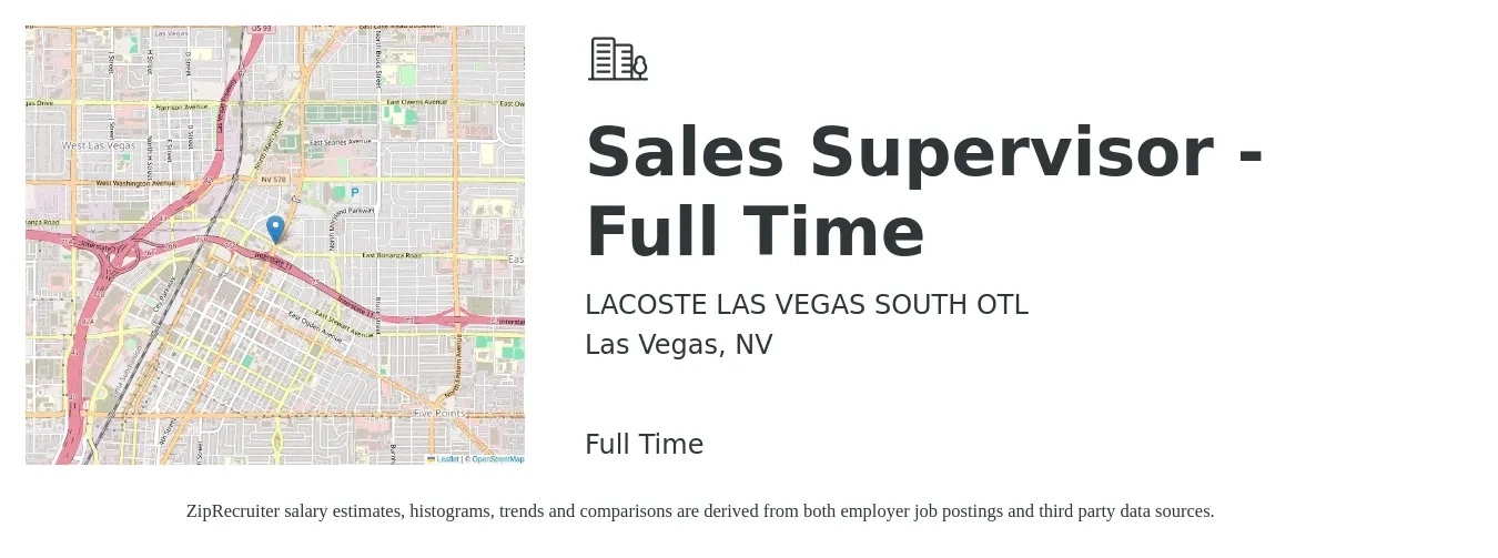 LACOSTE LAS VEGAS SOUTH OTL job posting for a Sales Supervisor - Full Time in Las Vegas, NV with a salary of $40,900 to $87,800 Yearly with a map of Las Vegas location.