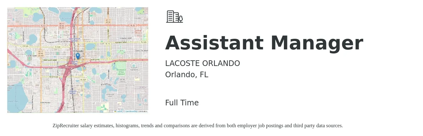 LACOSTE ORLANDO job posting for a Assistant Manager in Orlando, FL with a salary of $15 to $21 Hourly with a map of Orlando location.