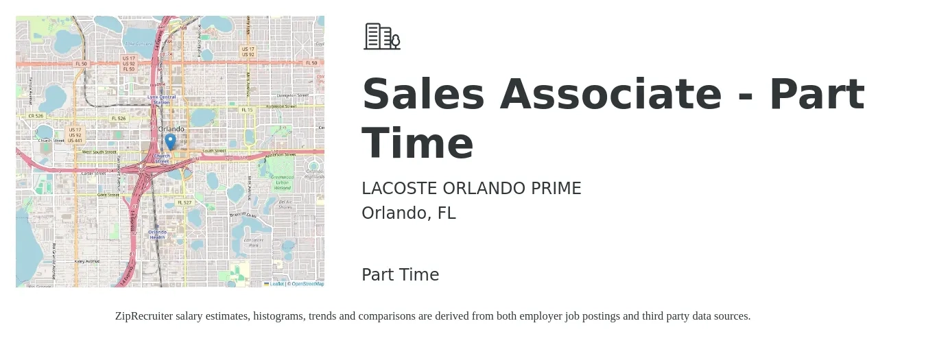 LACOSTE ORLANDO PRIME job posting for a Sales Associate - Part Time in Orlando, FL with a salary of $13 to $18 Hourly with a map of Orlando location.