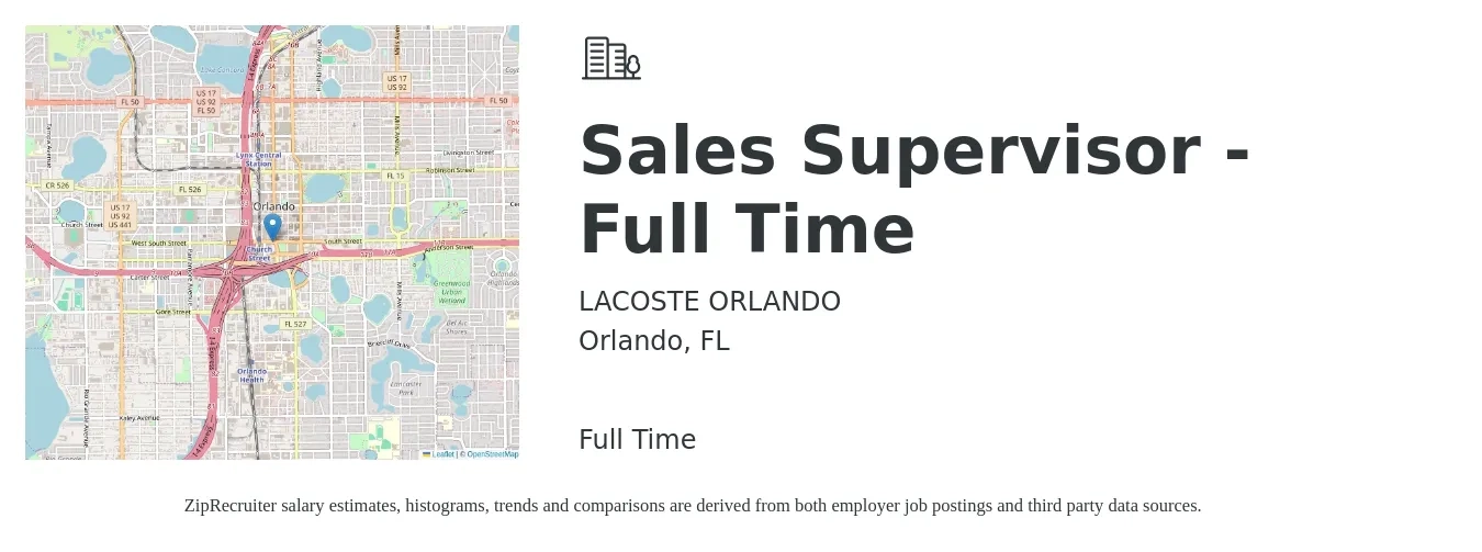 LACOSTE ORLANDO job posting for a Sales Supervisor - Full Time in Orlando, FL with a salary of $42,000 to $90,100 Yearly with a map of Orlando location.