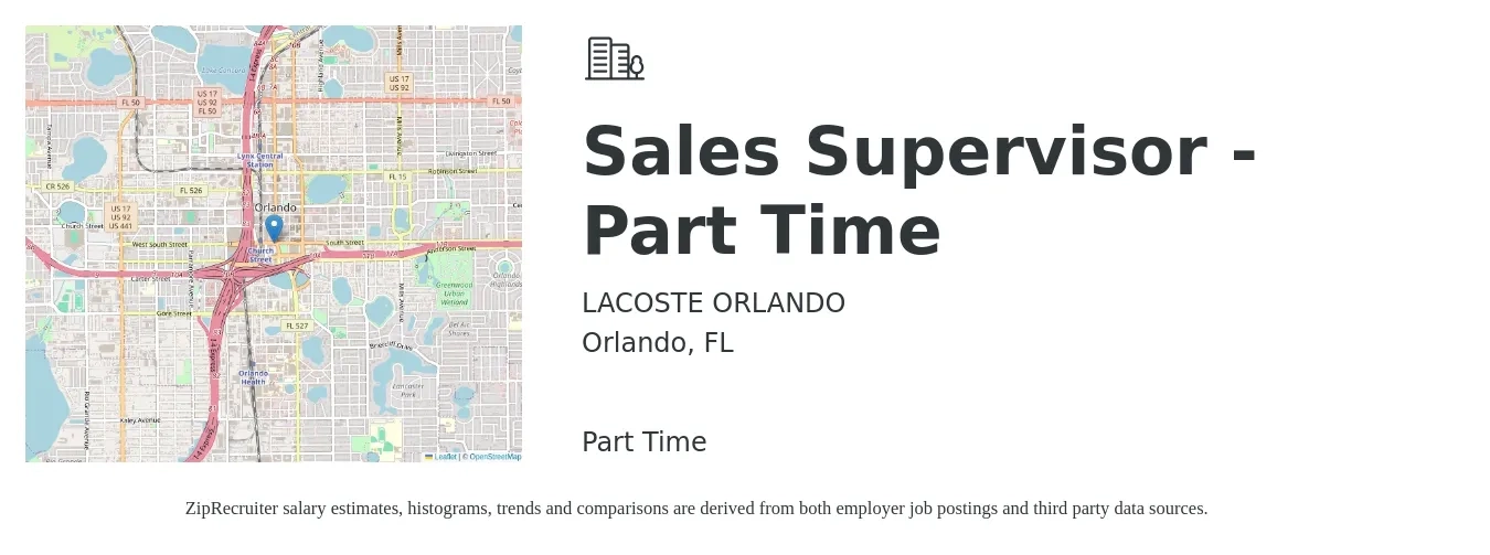 LACOSTE ORLANDO job posting for a Sales Supervisor - Part Time in Orlando, FL with a salary of $42,000 to $90,100 Yearly with a map of Orlando location.