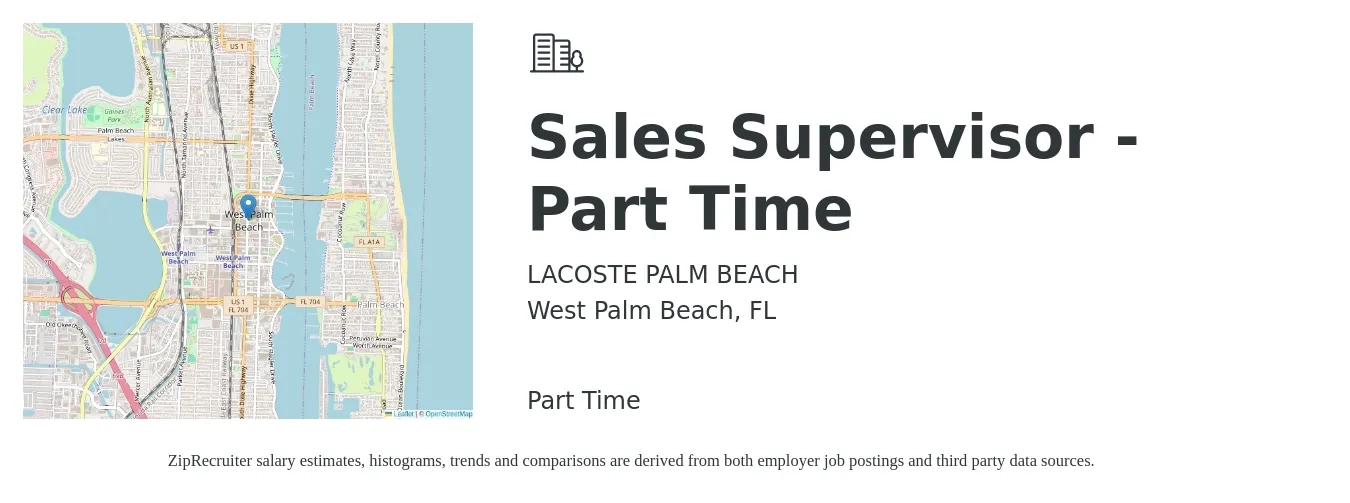 LACOSTE PALM BEACH job posting for a Sales Supervisor - Part Time in West Palm Beach, FL with a salary of $43,500 to $93,300 Yearly with a map of West Palm Beach location.