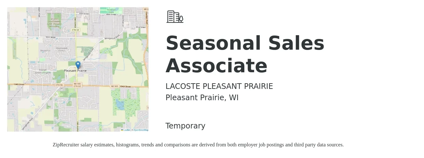 LACOSTE PLEASANT PRAIRIE job posting for a Seasonal Sales Associate in Pleasant Prairie, WI with a salary of $13 to $15 Hourly with a map of Pleasant Prairie location.