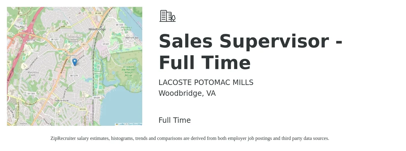 LACOSTE POTOMAC MILLS job posting for a Sales Supervisor - Full Time in Woodbridge, VA with a salary of $44,500 to $95,400 Yearly with a map of Woodbridge location.