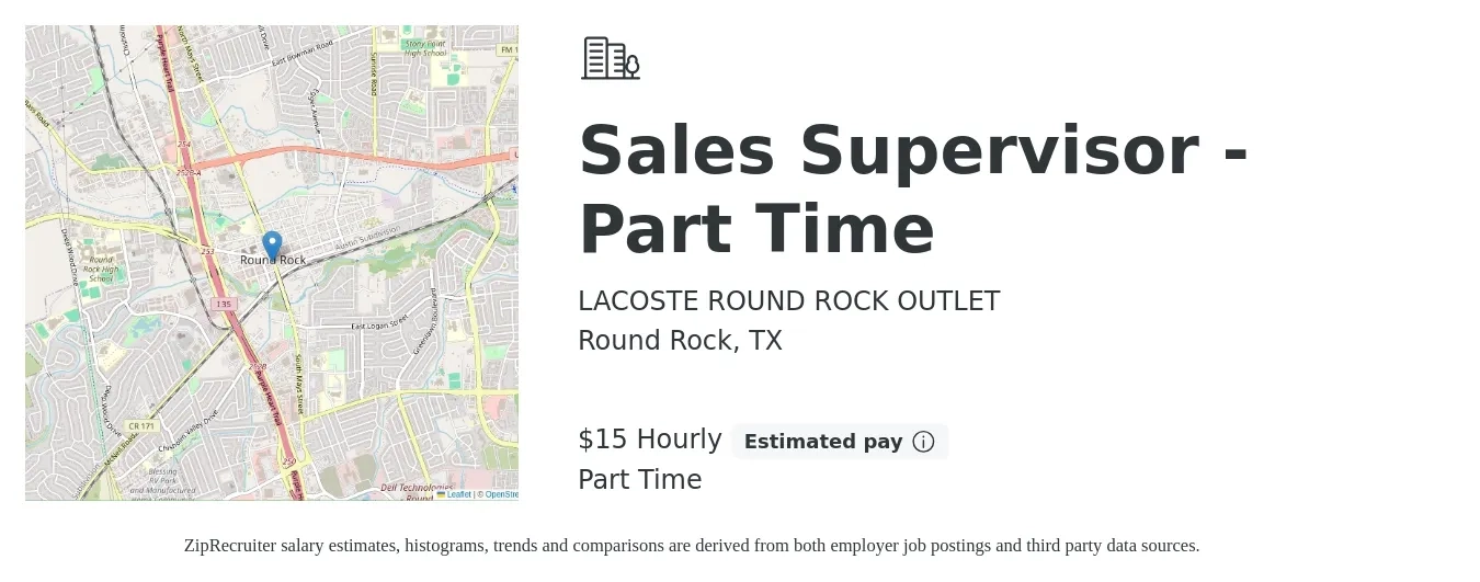 LACOSTE ROUND ROCK OUTLET job posting for a Sales Supervisor - Part Time in Round Rock, TX with a salary of $16 Hourly with a map of Round Rock location.