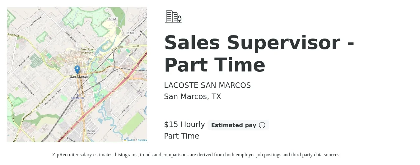 LACOSTE SAN MARCOS job posting for a Sales Supervisor - Part Time in San Marcos, TX with a salary of $16 Hourly with a map of San Marcos location.