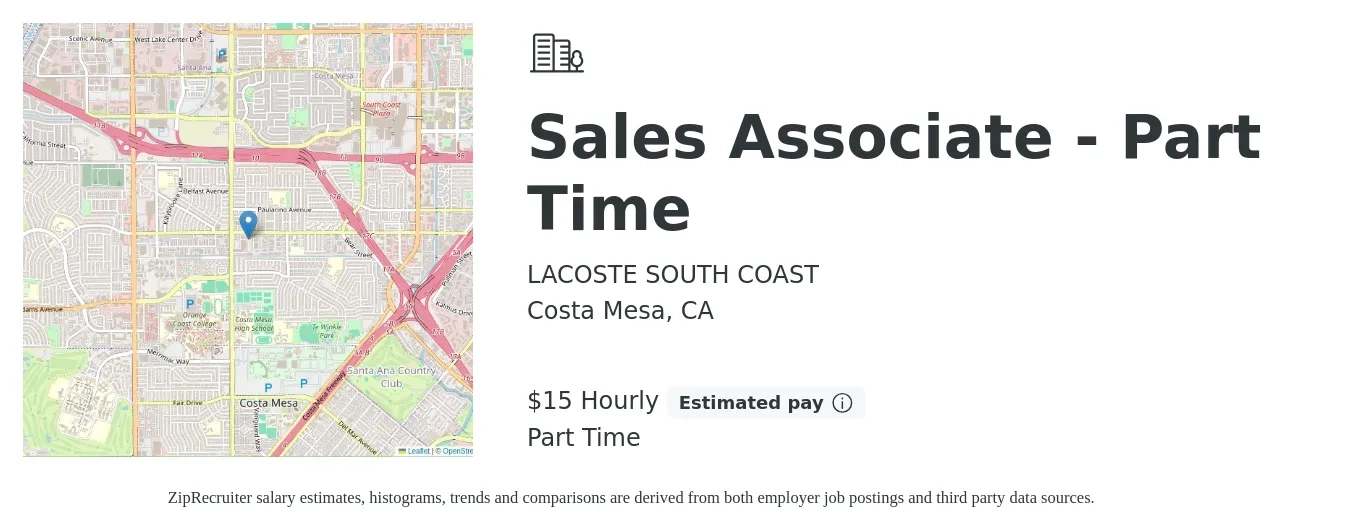LACOSTE SOUTH COAST job posting for a Sales Associate - Part Time in Costa Mesa, CA with a salary of $16 to $16 Hourly with a map of Costa Mesa location.
