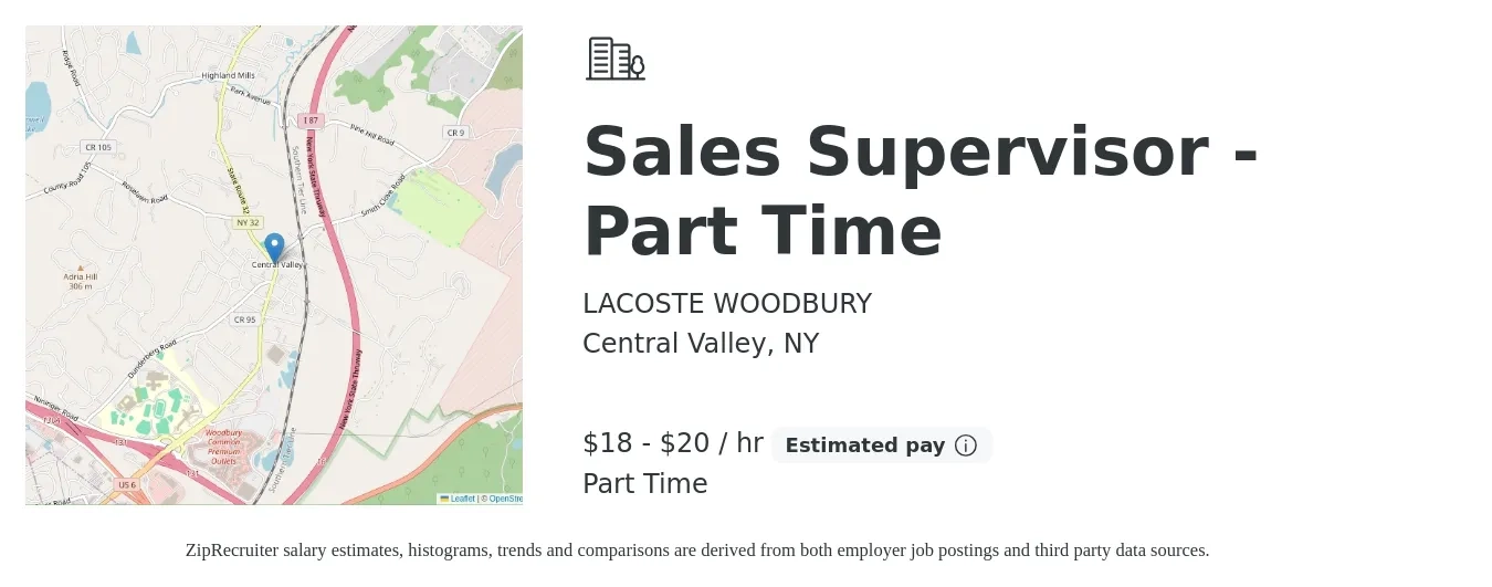 LACOSTE WOODBURY job posting for a Sales Supervisor - Part Time in Central Valley, NY with a salary of $18 to $21 Hourly with a map of Central Valley location.