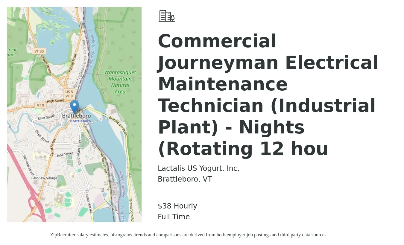 Lactalis US Yogurt, Inc. job posting for a Commercial Journeyman Electrical Maintenance Technician (Industrial Plant) - Nights (Rotating 12 hou in Brattleboro, VT with a salary of $40 Hourly with a map of Brattleboro location.