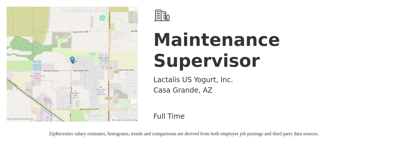 Lactalis US Yogurt, Inc. job posting for a Maintenance Supervisor in Casa Grande, AZ with a salary of $24 to $40 Hourly with a map of Casa Grande location.