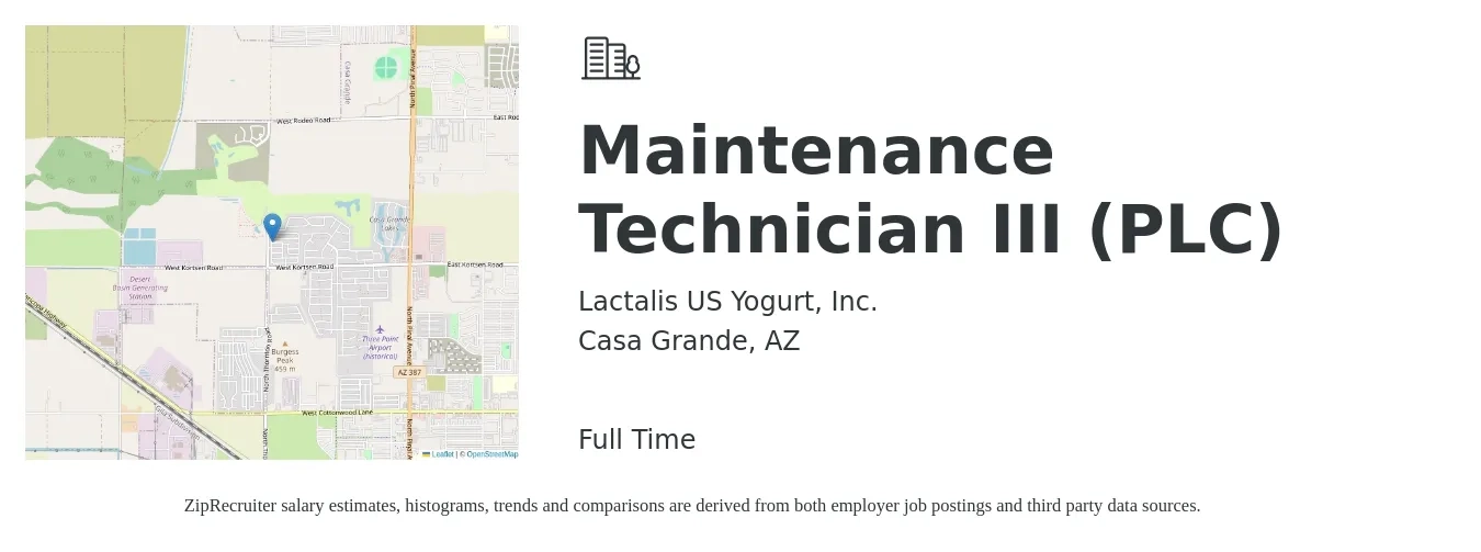 Lactalis US Yogurt, Inc. job posting for a Maintenance Technician III (PLC) in Casa Grande, AZ with a salary of $19 to $26 Hourly with a map of Casa Grande location.