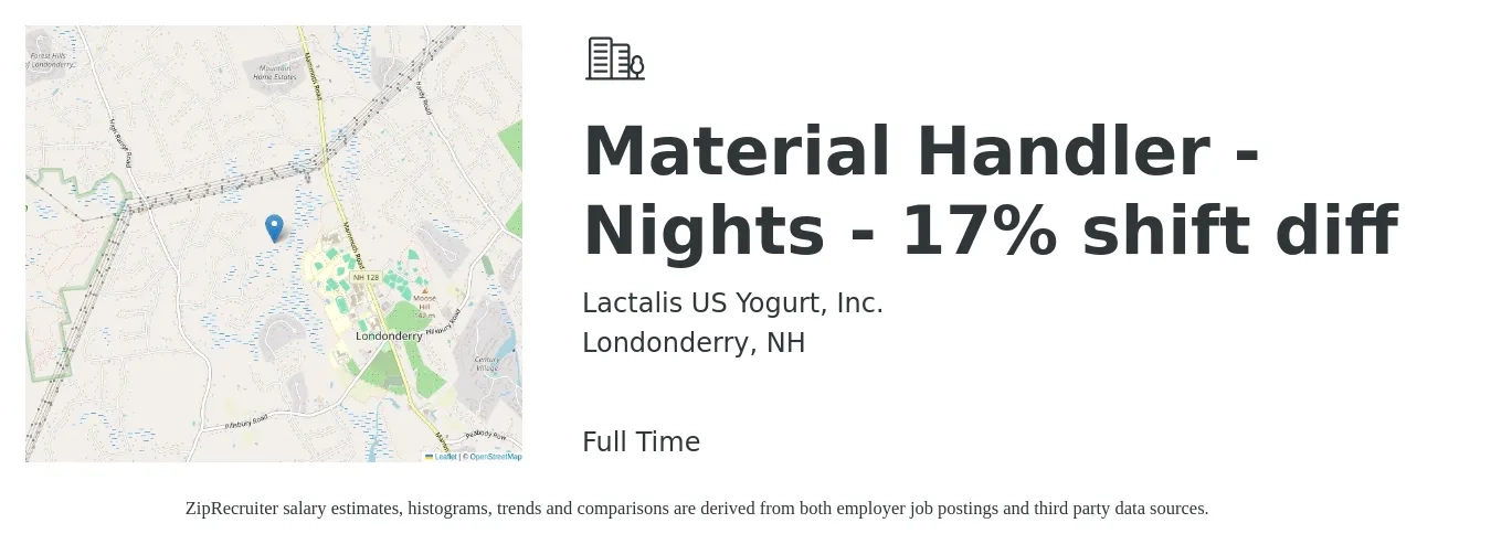 Lactalis US Yogurt, Inc. job posting for a Material Handler - Nights - 17% shift diff in Londonderry, NH with a salary of $18 to $21 Hourly with a map of Londonderry location.