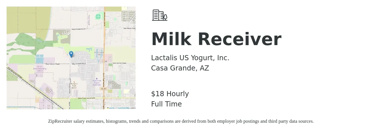 Lactalis US Yogurt, Inc. job posting for a Milk Receiver in Casa Grande, AZ with a salary of $19 to $22 Hourly with a map of Casa Grande location.