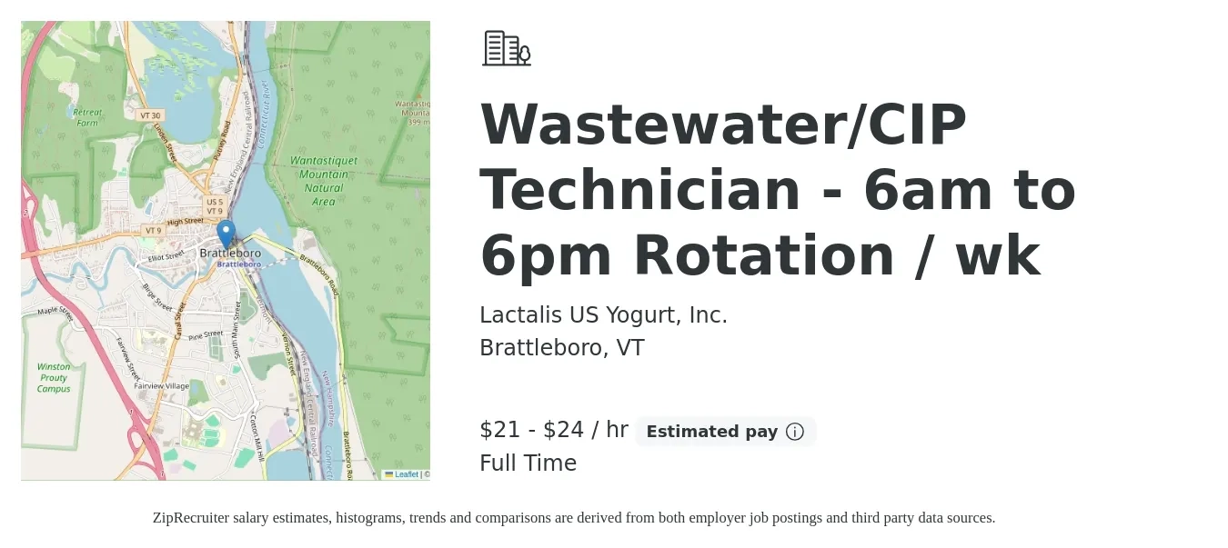Lactalis US Yogurt, Inc. job posting for a Wastewater/CIP Technician - 6am to 6pm Rotation / wk in Brattleboro, VT with a salary of $18 to $24 Hourly with a map of Brattleboro location.