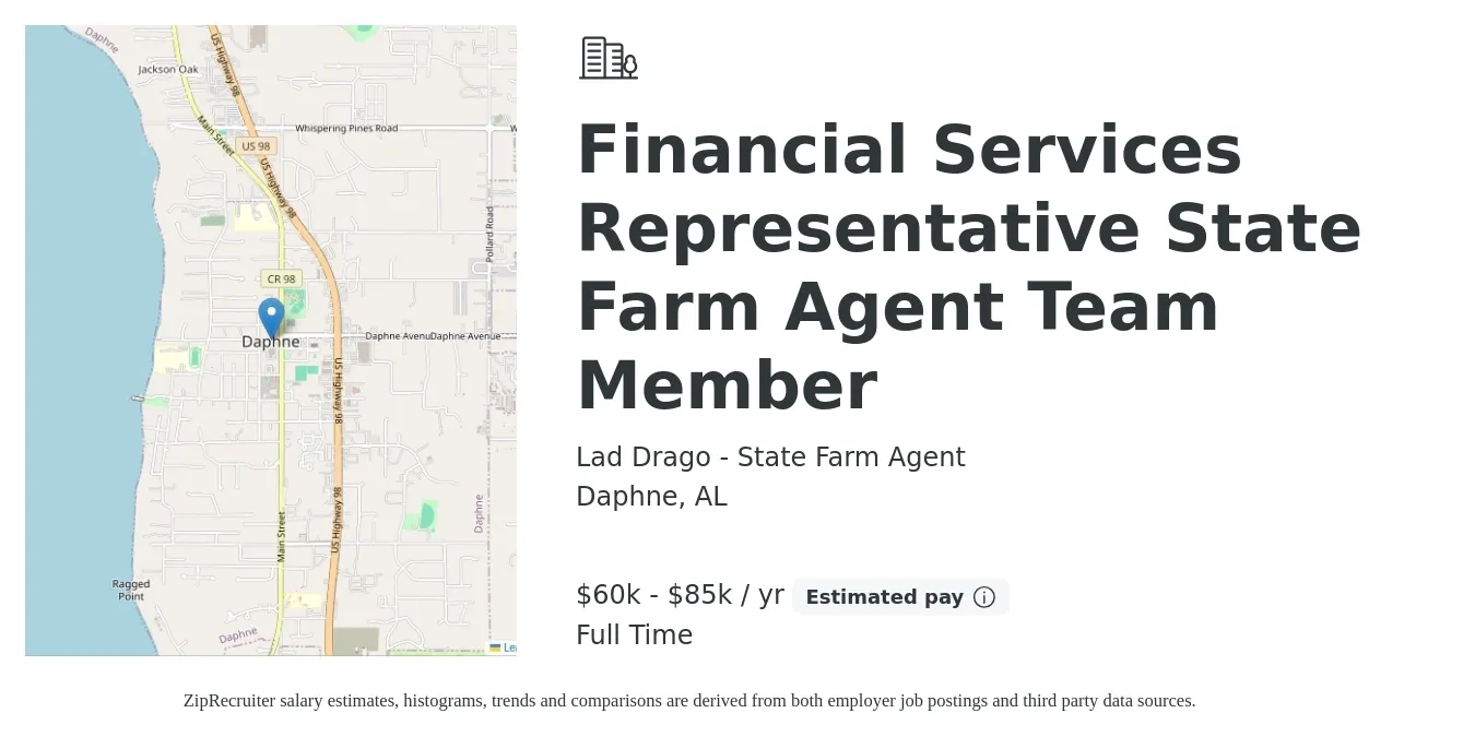 Lad Drago - State Farm Agent job posting for a Financial Services Representative State Farm Agent Team Member in Daphne, AL with a salary of $60,000 to $70,000 Yearly with a map of Daphne location.
