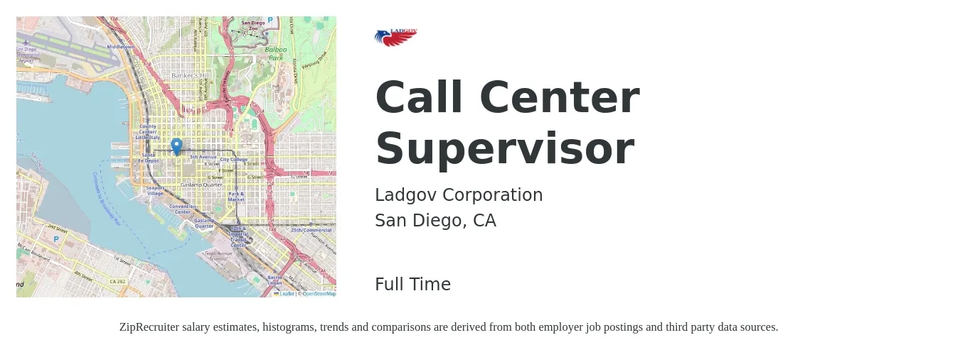 Ladgov Corporation job posting for a Call Center Supervisor in San Diego, CA with a salary of $48,900 to $76,500 Yearly with a map of San Diego location.