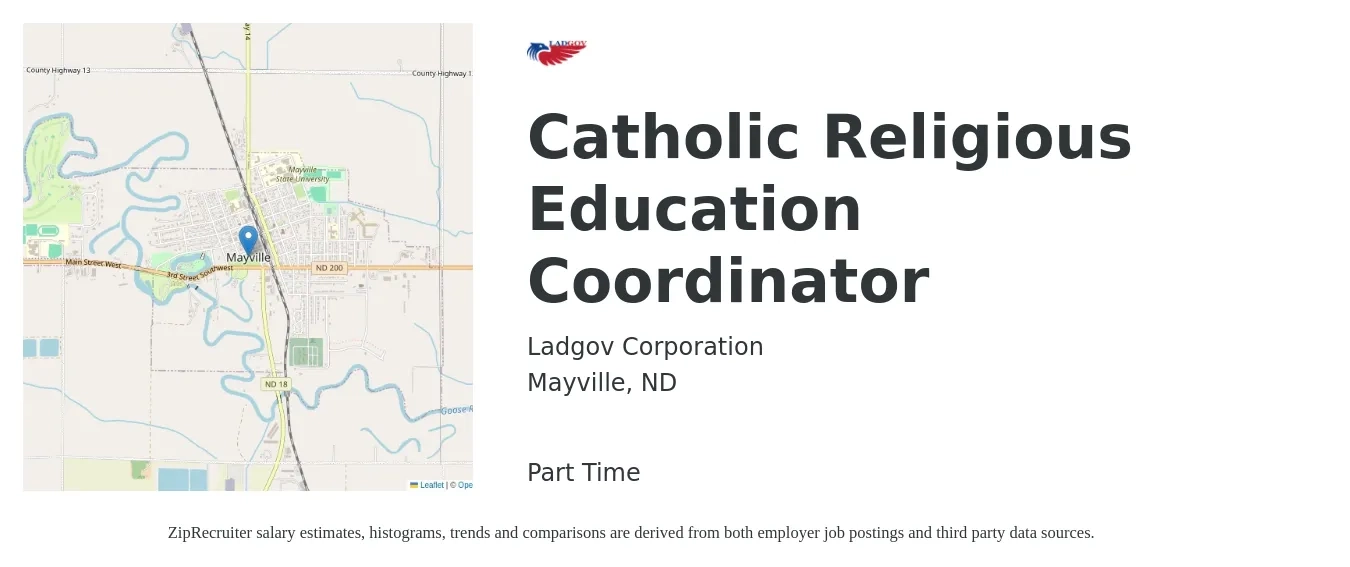 Ladgov Corporation job posting for a Catholic Religious Education Coordinator in Mayville, ND with a salary of $41,400 to $63,700 Yearly with a map of Mayville location.