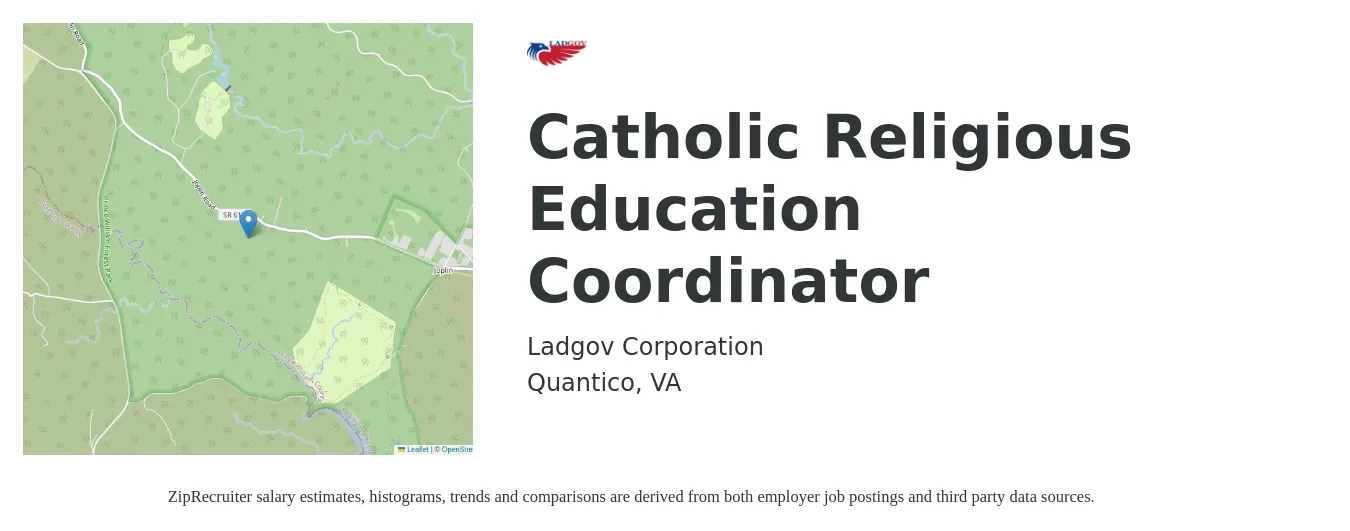 Ladgov Corporation job posting for a Catholic Religious Education Coordinator in Quantico, VA with a salary of $44,200 to $67,900 Yearly with a map of Quantico location.