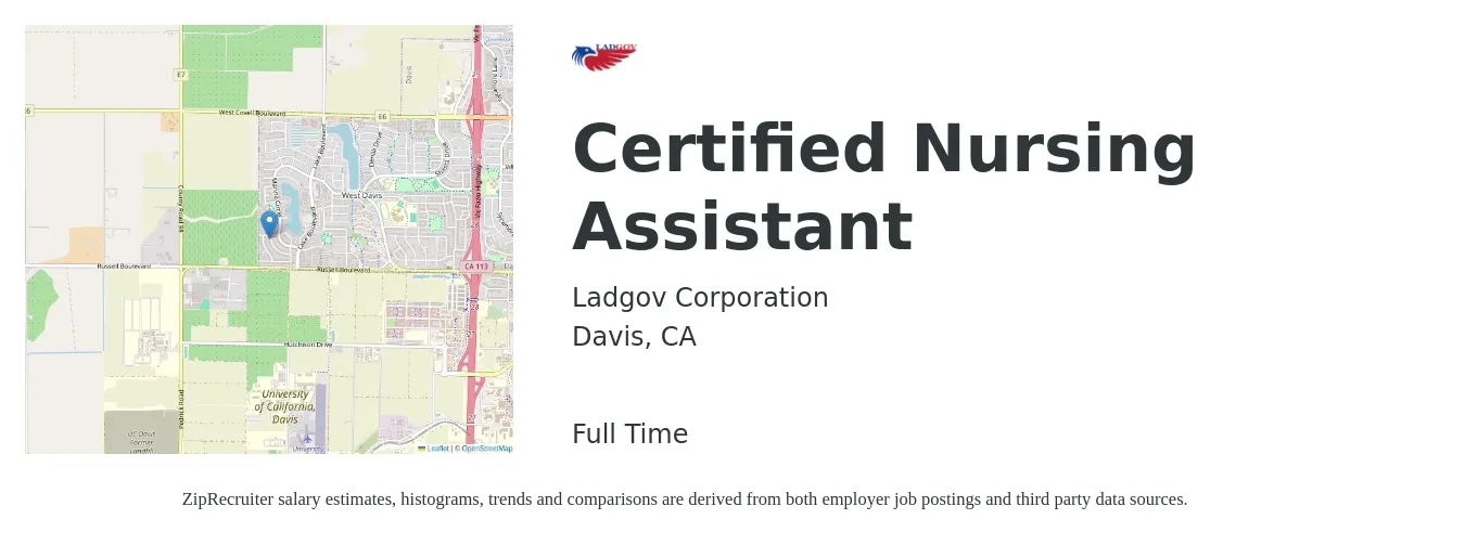 Ladgov Corporation job posting for a Certified Nursing Assistant in Davis, CA with a salary of $18 to $25 Hourly with a map of Davis location.