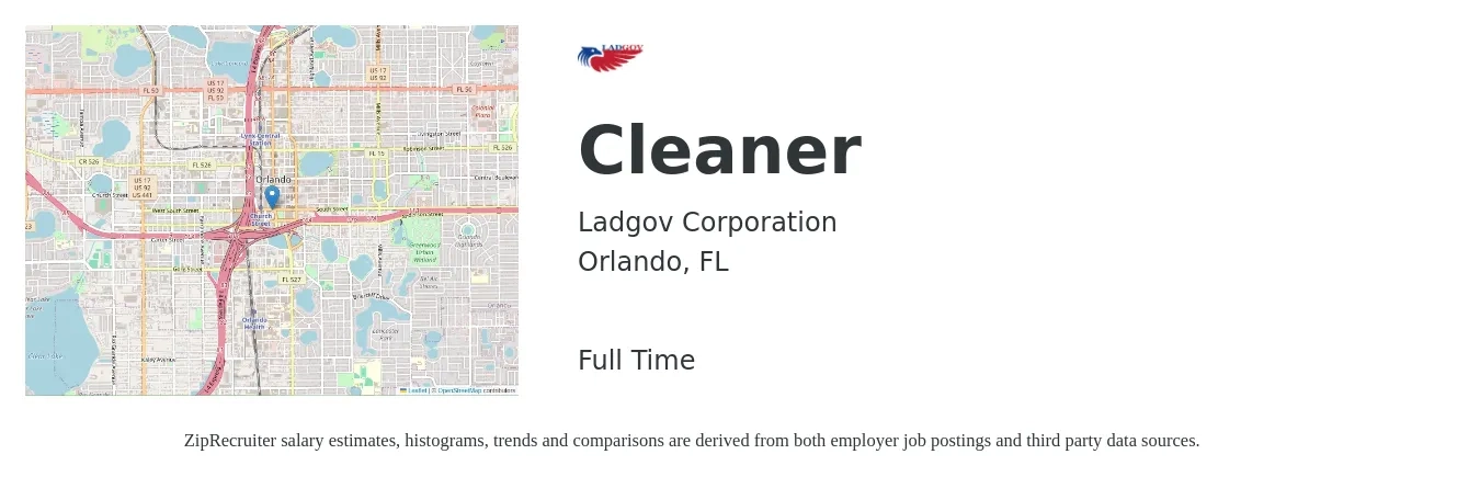 Ladgov Corporation job posting for a Cleaner in Orlando, FL with a salary of $13 to $16 Hourly with a map of Orlando location.