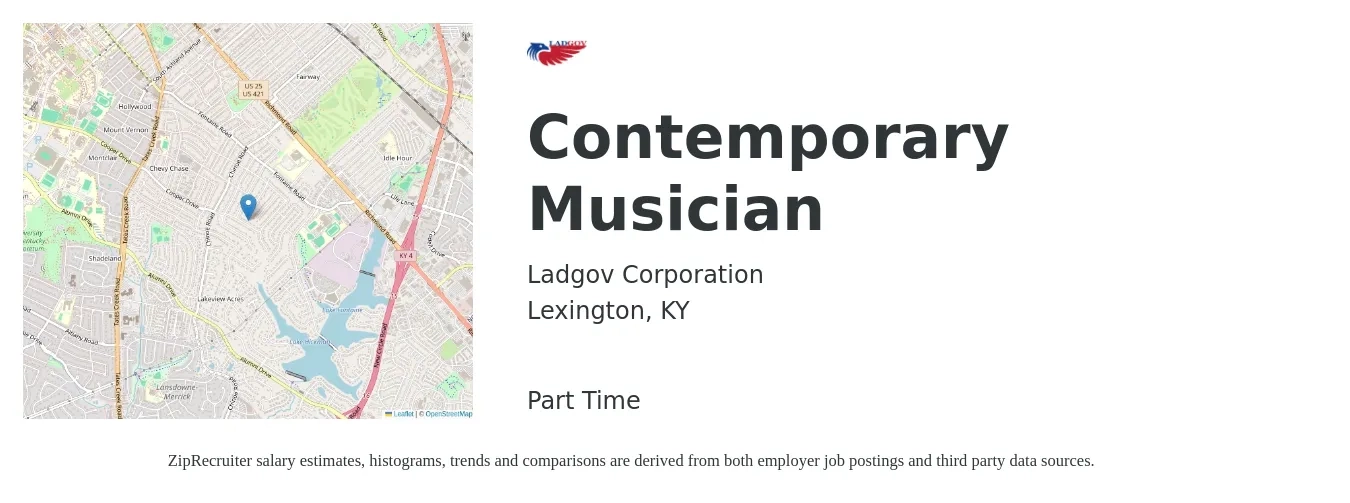 Ladgov Corporation job posting for a Contemporary Musician in Lexington, KY with a salary of $14 to $30 Hourly with a map of Lexington location.