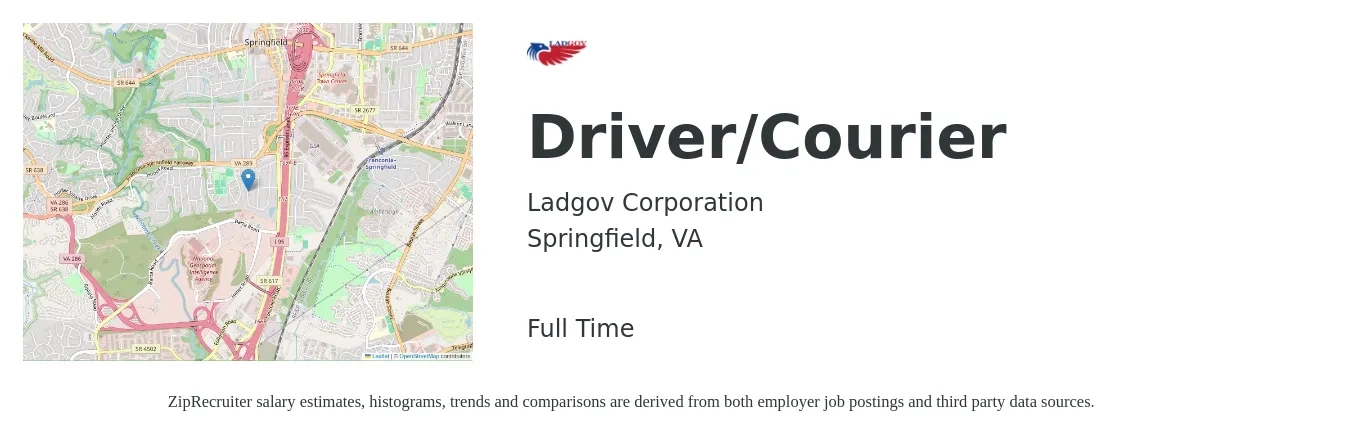 Ladgov Corporation job posting for a Driver/Courier in Springfield, VA with a salary of $18 to $24 Hourly with a map of Springfield location.