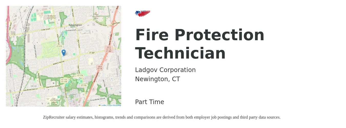 Ladgov Corporation job posting for a Fire Protection Technician in Newington, CT with a salary of $37,400 to $50,400 Yearly with a map of Newington location.