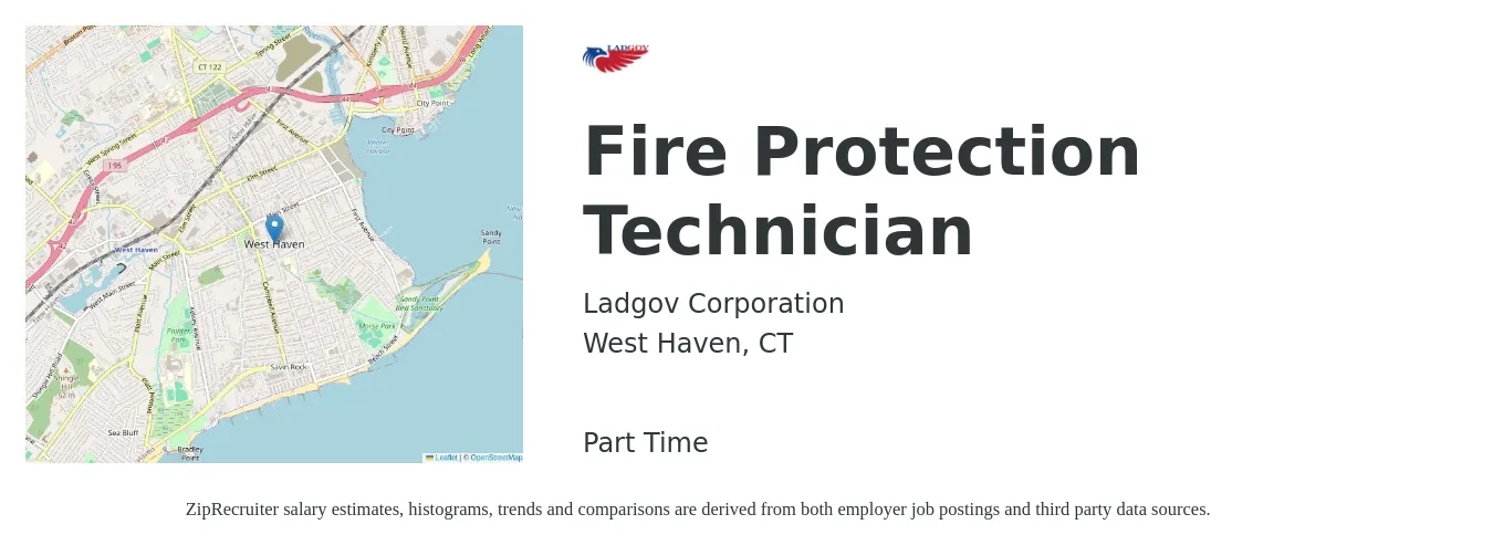 Ladgov Corporation job posting for a Fire Protection Technician in West Haven, CT with a salary of $36,400 to $49,000 Yearly with a map of West Haven location.