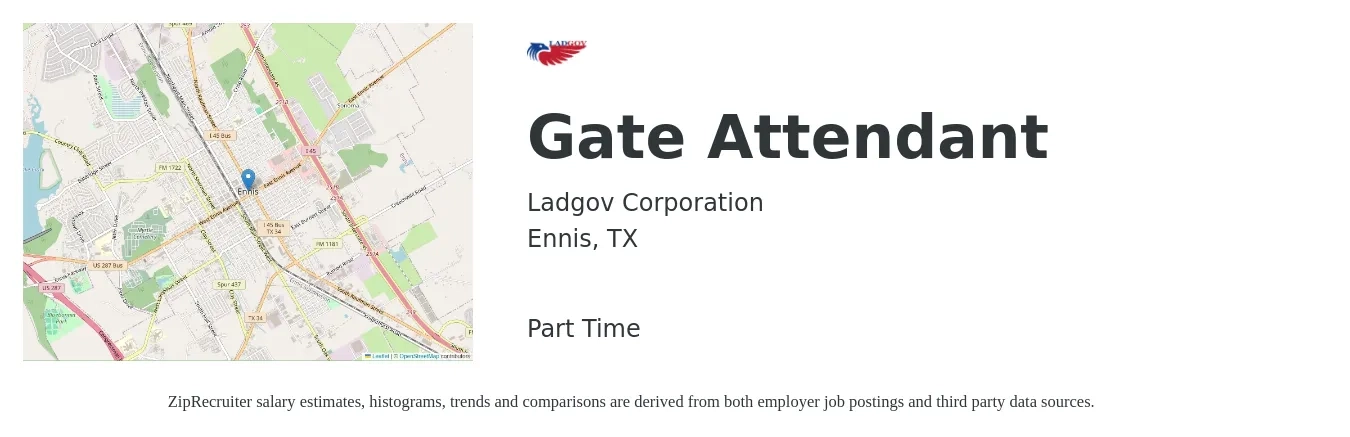 Ladgov Corporation job posting for a Gate Attendant in Ennis, TX with a salary of $12 to $17 Hourly with a map of Ennis location.