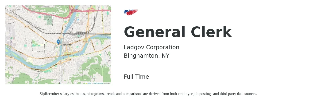 Ladgov Corporation job posting for a General Clerk in Binghamton, NY with a salary of $15 to $18 Hourly with a map of Binghamton location.