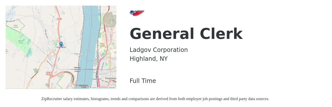 Ladgov Corporation job posting for a General Clerk in Highland, NY with a salary of $15 to $19 Hourly with a map of Highland location.