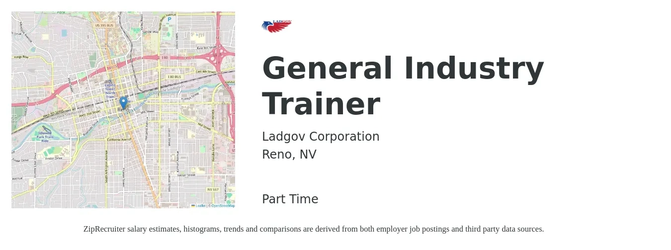Ladgov Corporation job posting for a General Industry Trainer in Reno, NV with a salary of $20 to $31 Hourly with a map of Reno location.