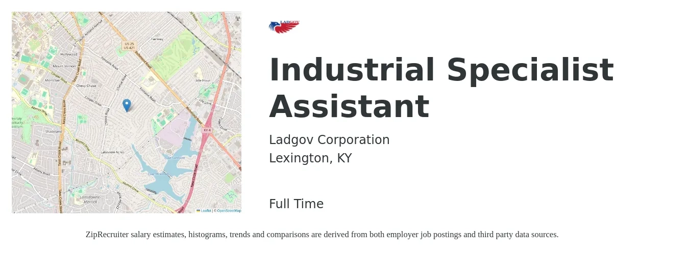 Ladgov Corporation job posting for a Industrial Specialist Assistant in Lexington, KY with a salary of $65,600 to $93,400 Yearly with a map of Lexington location.