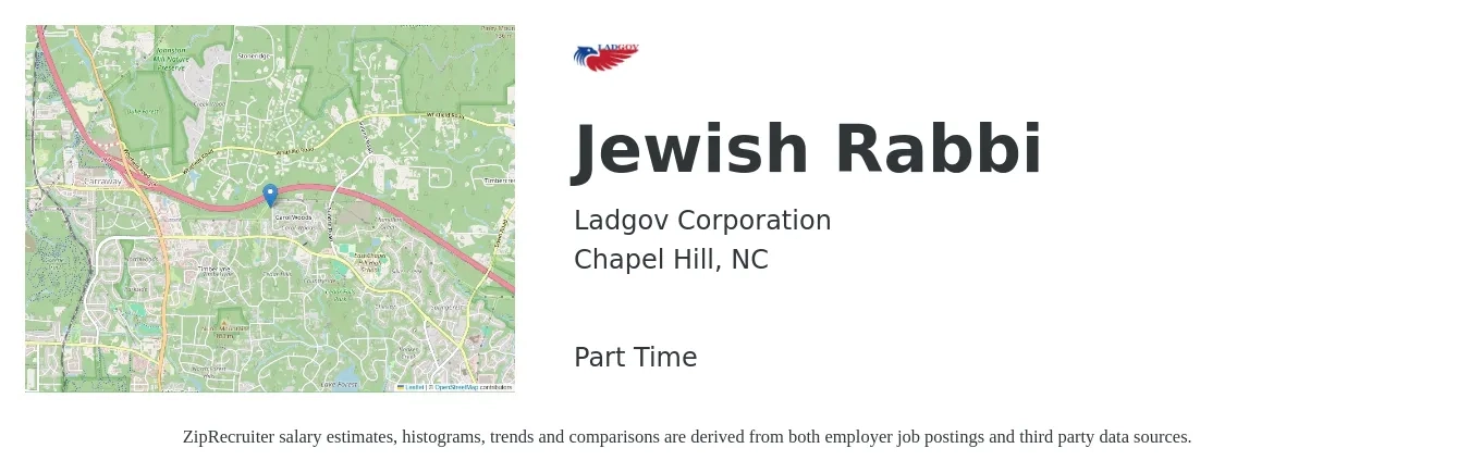 Ladgov Corporation job posting for a Jewish Rabbi in Chapel Hill, NC with a salary of $16 to $22 Hourly with a map of Chapel Hill location.