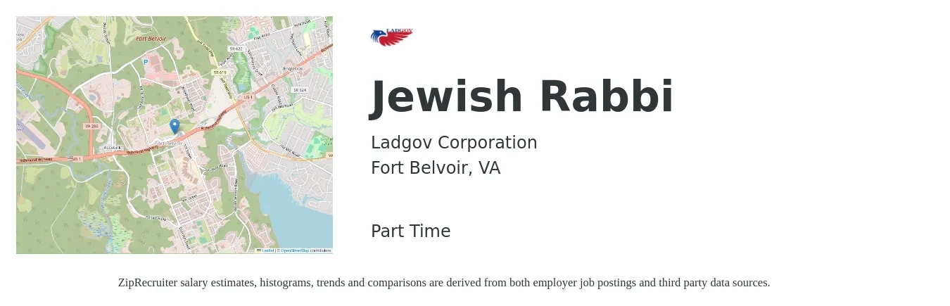 Ladgov Corporation job posting for a Jewish Rabbi in Fort Belvoir, VA with a salary of $46,900 to $61,100 Yearly with a map of Fort Belvoir location.