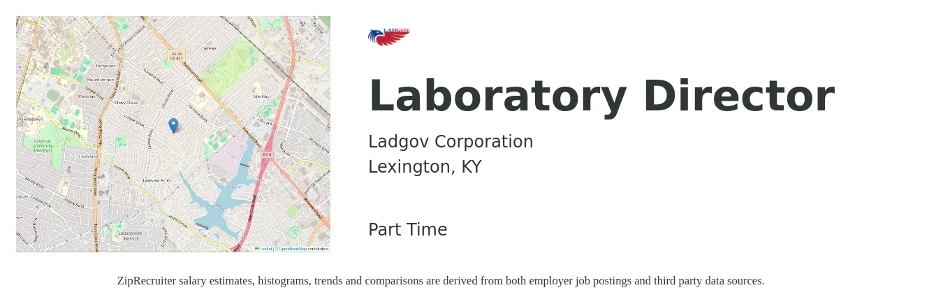 Ladgov Corporation job posting for a Laboratory Director in Lexington, KY with a salary of $105,400 to $137,700 Yearly with a map of Lexington location.
